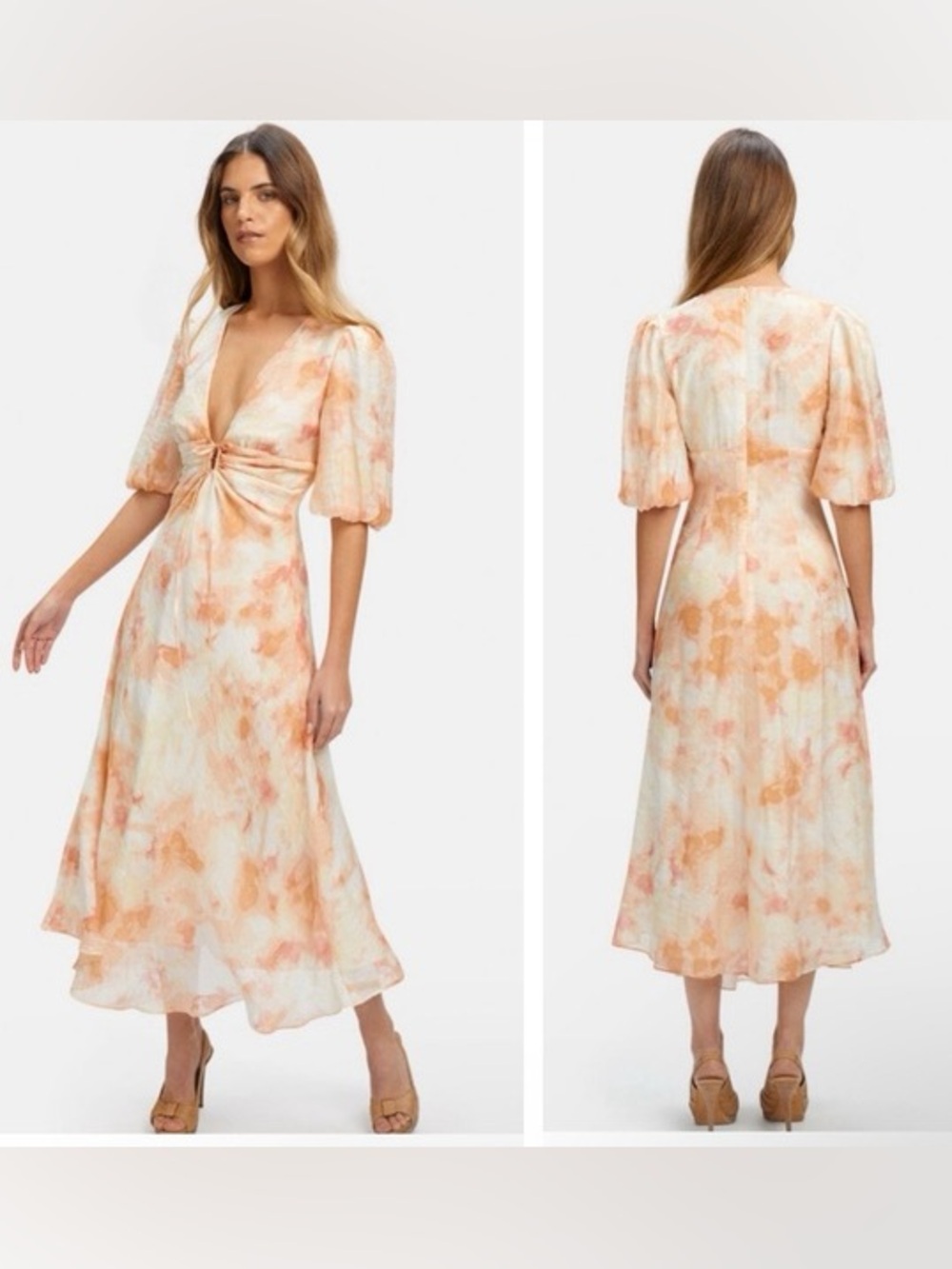 Bardot Farlow midi dress in a peach and pink watercolor abstract print
